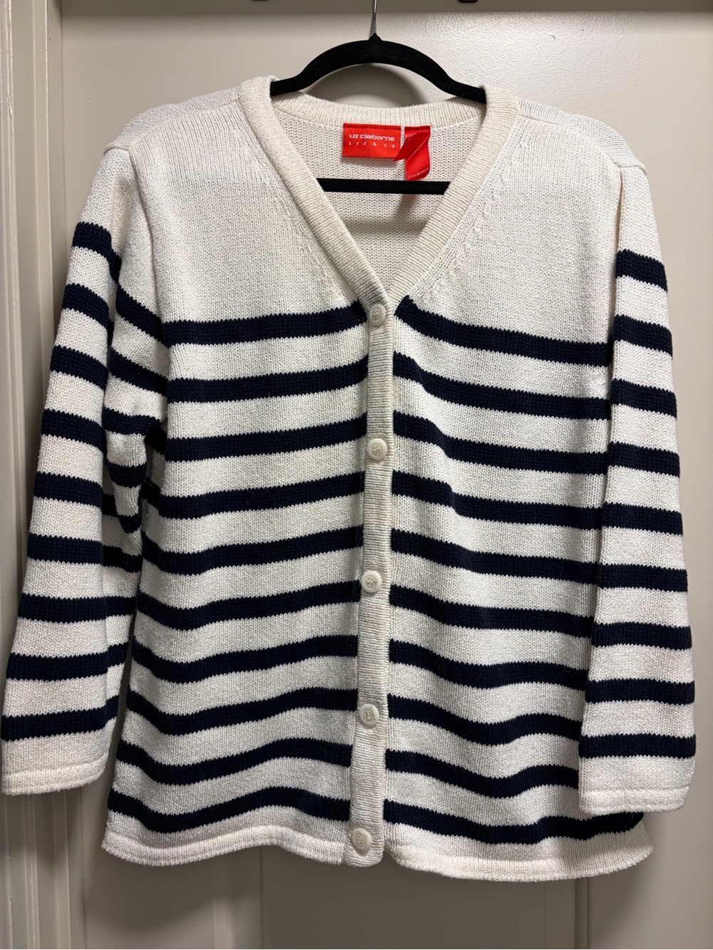 Liz Claiborne Liz & Co Navy White Striped Button Cardigan Sweater Women’s Size L